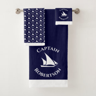 Conjunto De Toalhas Marinho Costeiro Náutico Blue Capitão Name