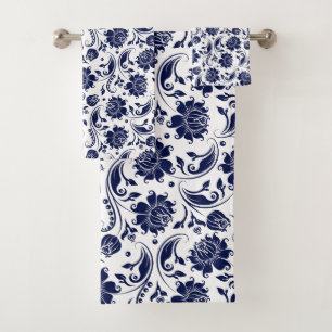 Conjunto De Toalhas Marinho-damascos de safra azul e branco