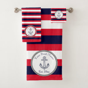 Conjunto De Toalhas Marinho de Âncora Náutica Banho Vermelho Branco Az