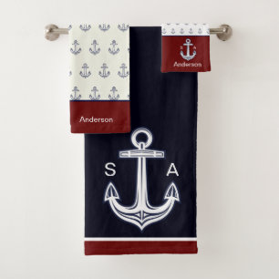 Conjunto De Toalhas Marinho de Âncora Náutica Monograma Marrom Branco