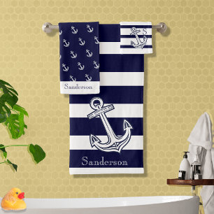 Conjunto De Toalhas Marinho de Ângulo Náutico Banho Branco Azul até