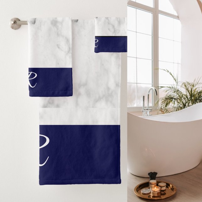 Conjunto De Toalhas Marinho de Estilo Marble Monograma Azul Banho Inic (Modern White Marble With Navy Blue Monogram Bathroom Towel.)