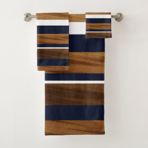 Conjunto De Toalhas Marinho De Madeira Banhas Brancas Azuis #1