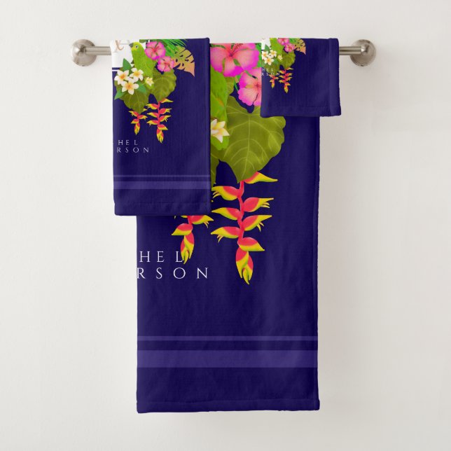 Conjunto De Toalhas Marinho de Monograma de Jardim Tropical (Insitu)