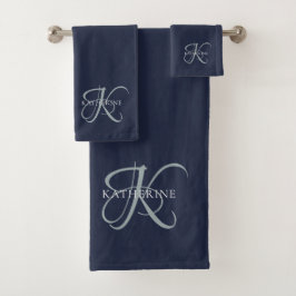 Conjunto De Toalhas Marinho de Script Monograma Elegante Moderno Azul