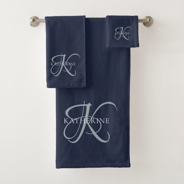 Conjunto De Toalhas Marinho de Script Monograma Elegante Moderno Azul (Insitu)
