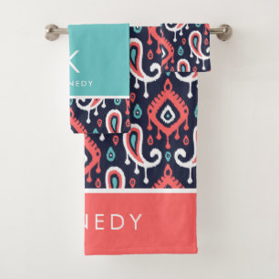 Conjunto De Toalhas Marinho e monograma coral de Ikat Paisley