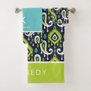 Conjunto De Toalhas Marinho e Monograma Verde de Ikat Paisley