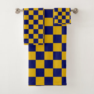 Conjunto De Toalhas Marinho Escuro e Quadro de Verificação Amarelo de