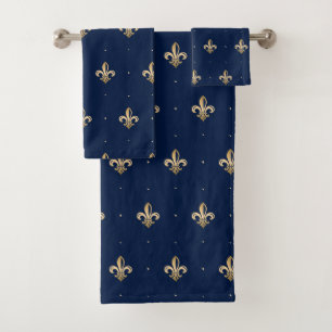 Conjunto De Toalhas Marinho Luxuoso Dourado Fleur de Lis