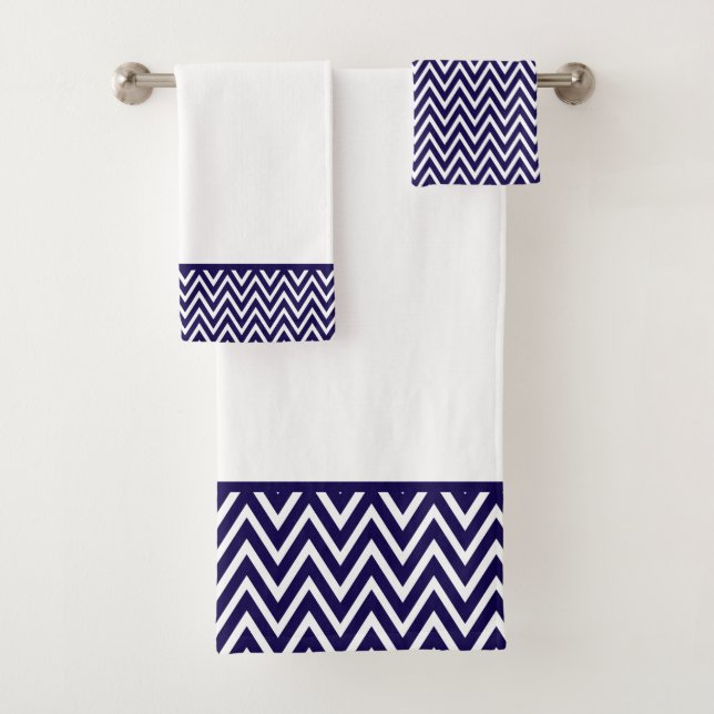 Conjunto De Toalhas Marinho Moderno, Blue e White Chevron Stripe (Insitu)