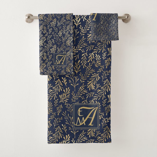 Conjunto De Toalhas Marinho Monograma Dourado Folha Recém-casados Pres (Insitu)