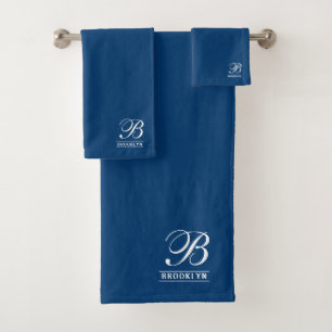Conjunto De Toalhas Marinho Monograma Série Elegante Azul