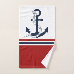 Conjunto De Toalhas Marinho Náutico Azul Âncora Vermelho Azul