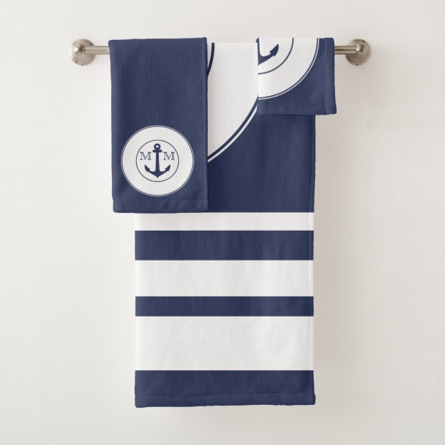 Conjunto De Toalhas Marinho Náutico Blue White Stripes Anchor Monogram (Insitu)