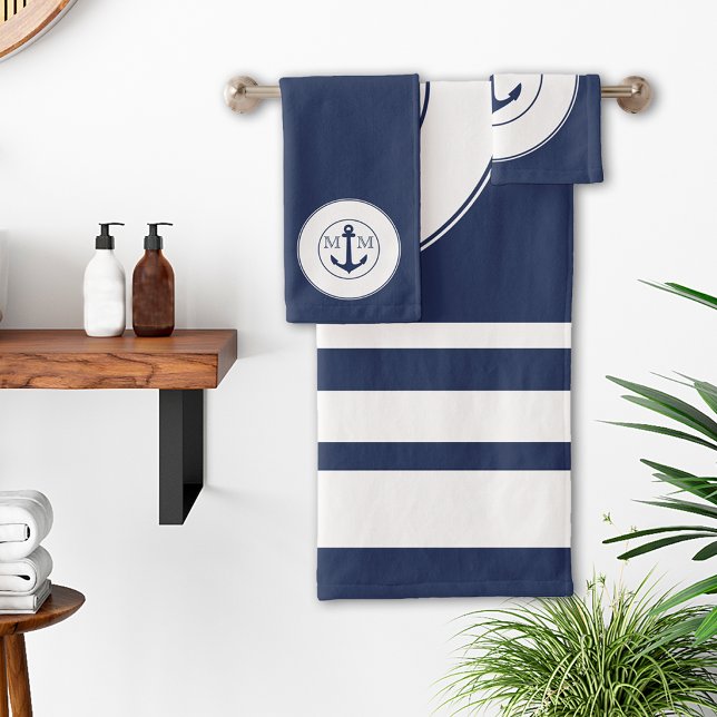 Conjunto De Toalhas Marinho Náutico Blue White Stripes Anchor Monogram (Criador carregado)