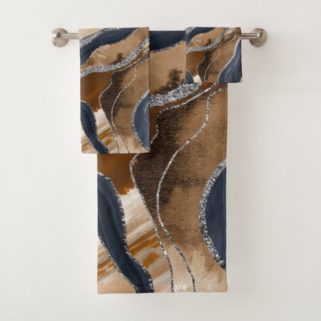 Conjunto De Toalhas Marinho Terrestre Azul Marble Agate Silver Gliter  (Insitu)