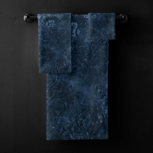 Conjunto De Toalhas Marinho Velvet Damask Grunge Floral Azul-Escuro