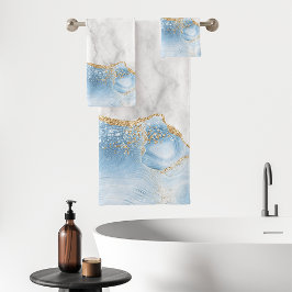 Conjunto De Toalhas Mármore Branco Ágata Azul Pastel Brilho Dourado