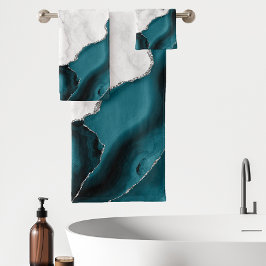 Conjunto De Toalhas Mármore Branco Ágata Azul Turquesa Prata