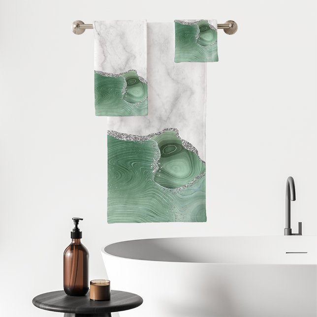 Conjunto De Toalhas Mármore Branco Ágata Verde Sage Brilho Prata (Criador carregado)