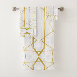 Conjunto De Toalhas Mármore branco e padrão geométrico Dourado