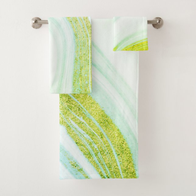 Conjunto De Toalhas Mármore Branco Resfriado Pedra Brilho Verde (Insitu)