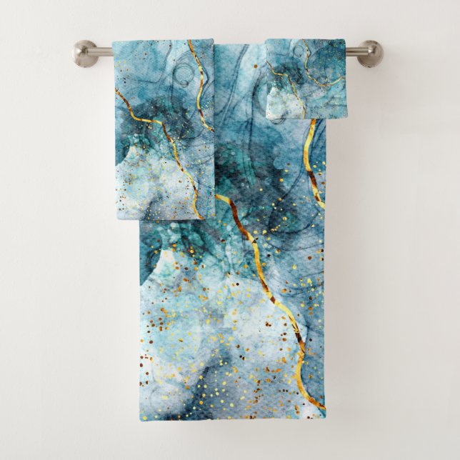 Conjunto De Toalhas Mármore brilhante azul e dourado (Insitu)