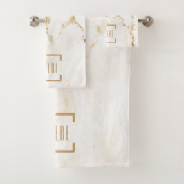 Conjunto De Toalhas Mármore com Efeito Dourado e Nome Personalizado Mo