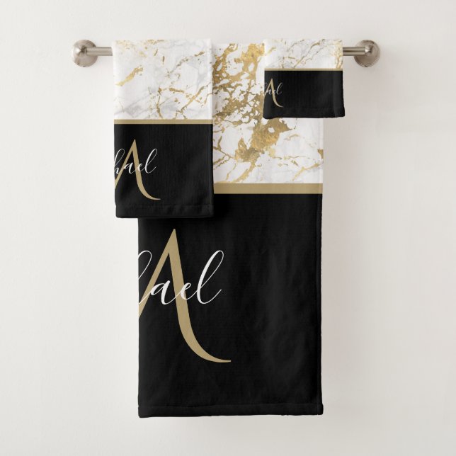 Conjunto De Toalhas Mármore Dourado e Branco com Luxo de Monograma Pre (Insitu)