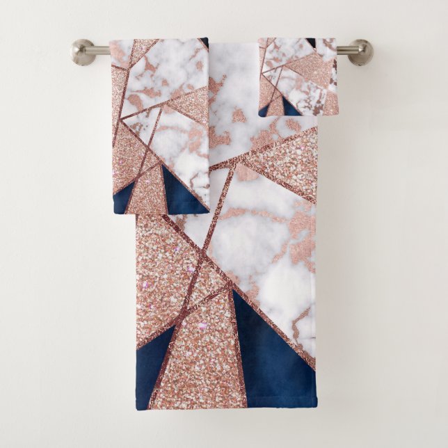 Conjunto De Toalhas Mármore Geométrico de Glitter Dourado Luxuoso Rosa (Insitu)