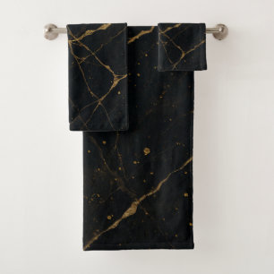 Conjunto De Toalhas Mármore Preto Meia-Noite Dourado & Ouro
