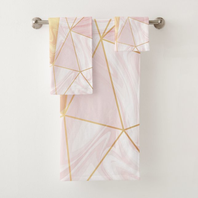 Conjunto De Toalhas Mármore Rosa e Dourado Poliedro Geométrico Triângu (Insitu)