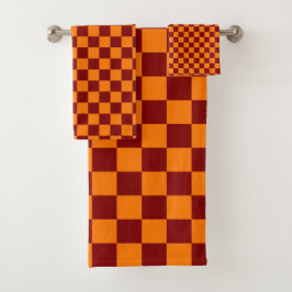 Conjunto De Toalhas Maroon e Orange Checkered Vintage