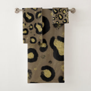 Conjunto De Toalhas Marrom Bege Dourado Brilho Preto Estampa Leopardo