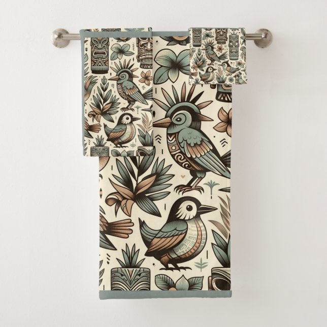 Conjunto De Toalhas Máscaras tropicais e aves Cinzas verdes (Insitu)