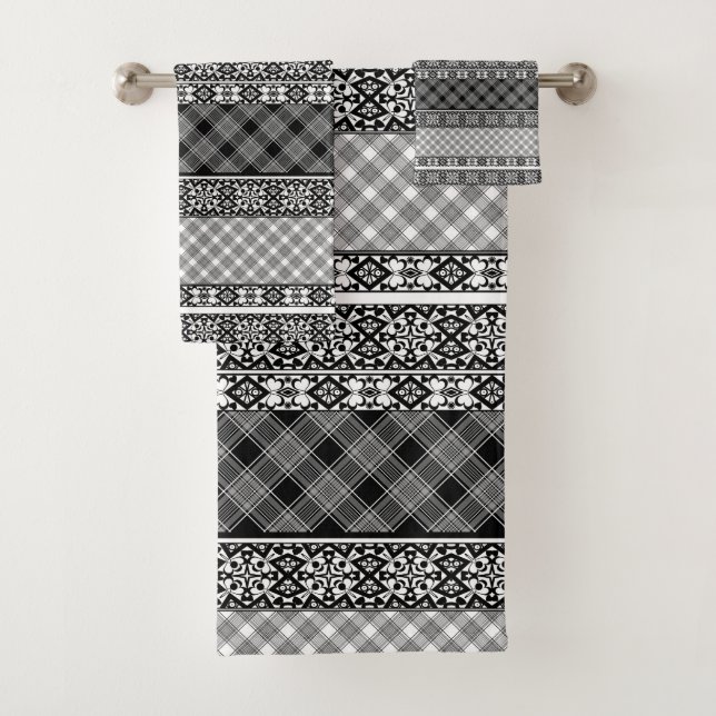 Conjunto De Toalhas Matilha em tiras, de preto e branco, com rendas (Insitu)