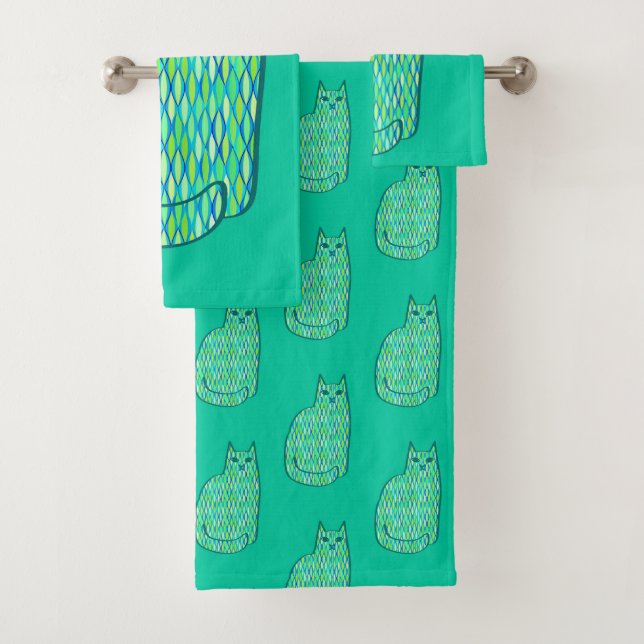 Conjunto De Toalhas Médio-século Moderno Gato, Casa da Moeda e Verde l (Insitu)