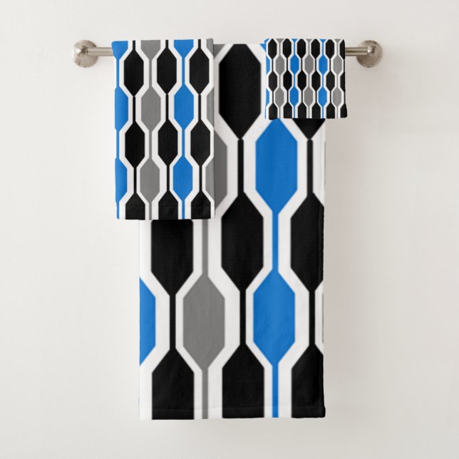 Conjunto De Toalhas Médio Século Moderno Negro, Azul, Hexágonos de Cin (Insitu)