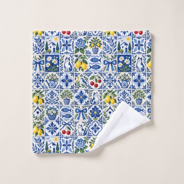 Conjunto De Toalhas Mediterranean Lemon & Cobalt Blue Tile Garden (Pano de lavar)