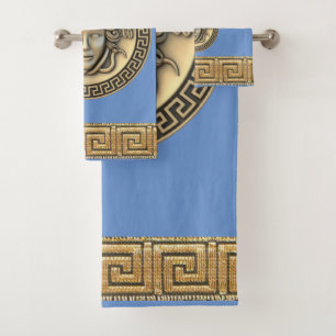 Conjunto De Toalhas Medusa Gorgona Dourada Chave Grega Azul Médio