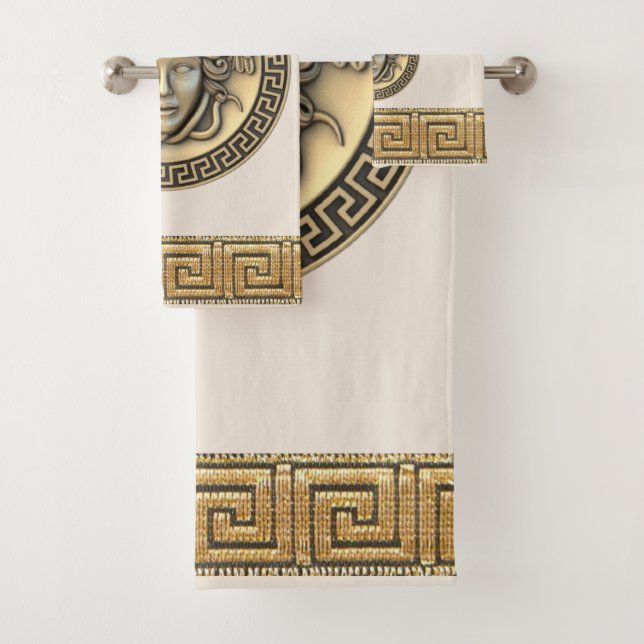Conjunto De Toalhas Medusa Górgona Dourada Chave Grega BEGE (Insitu)