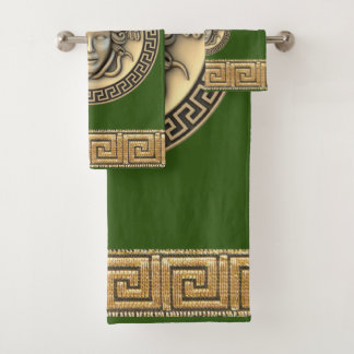 Conjunto De Toalhas Medusa Górgona Dourada Chave Grega Floresta Verde