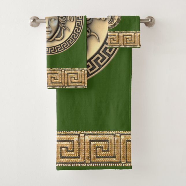 Conjunto De Toalhas Medusa Górgona Dourada Chave Grega Floresta Verde (Insitu)