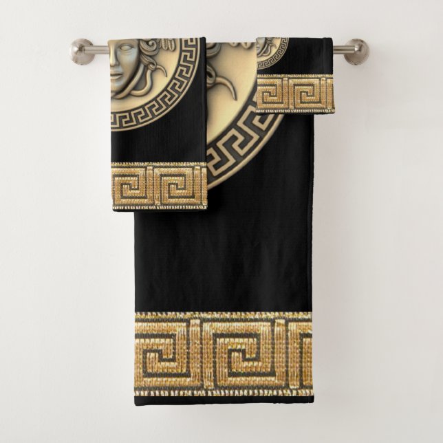 Conjunto De Toalhas Medusa Górgona Dourada Chave Grega Preta (Insitu)