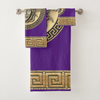 Conjunto De Toalhas Medusa Gorgona Dourada Chave Grega Roxa