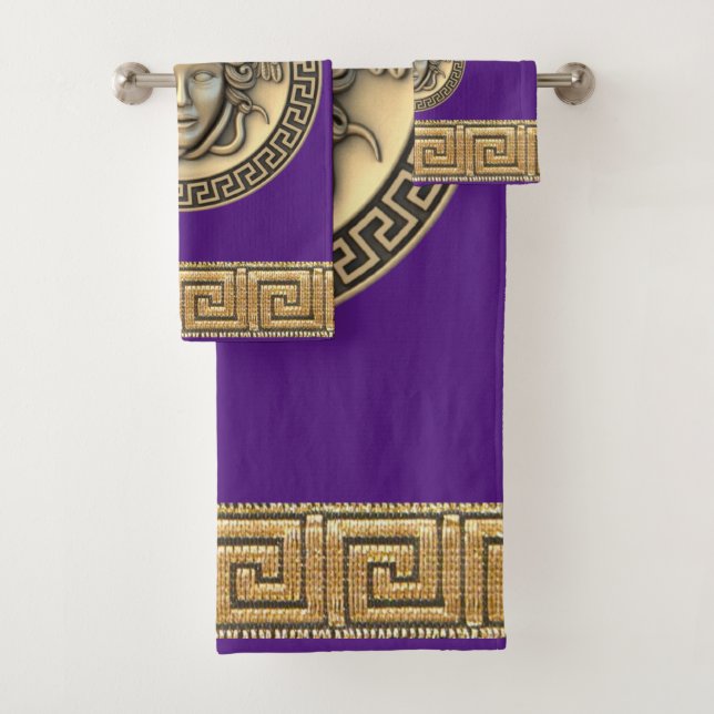 Conjunto De Toalhas Medusa Gorgona Dourada Chave Grega Roxa (Insitu)