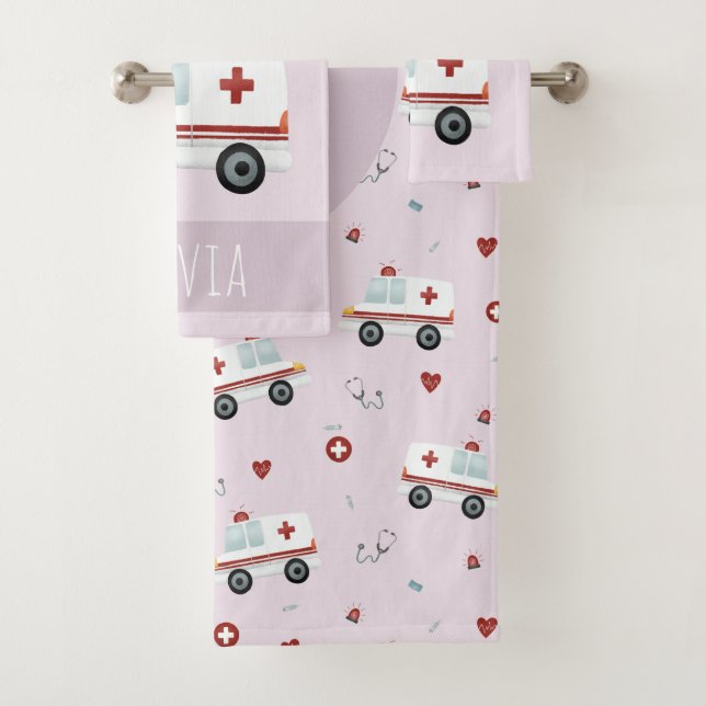 Conjunto De Toalhas Meninas Cute Pink Paramedic Ambulance Pattern Kids (Insitu)