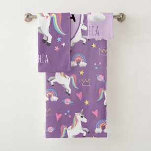 Conjunto De Toalhas Meninas Cute Purple Unicorn Padrões e Nome Criança