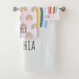 Conjunto De Toalhas Meninas Cute Whimsical Rainbow Cartoon Name